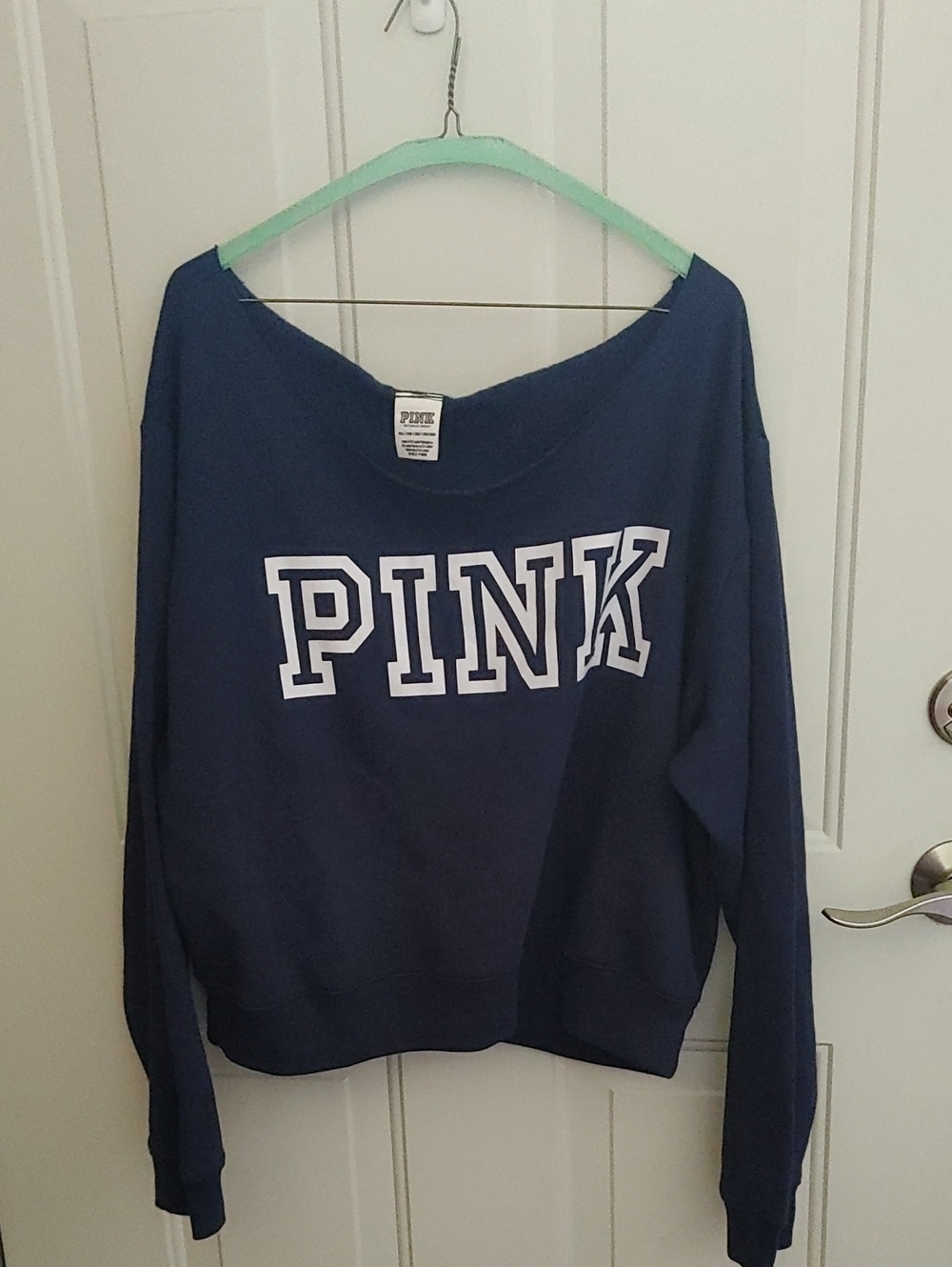 PINK Victoria's Secret Navy Off-Shoulder Pullover with White Logo
